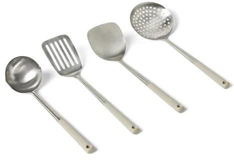 Amazon Basics Lot de Cuillères et Louches de Cuisine en Acier Inoxydable, Lot de 4 Pièces, Manche Ergonomique Souple, Compatible Lave-Vaisselle, Couleur Gris Lin