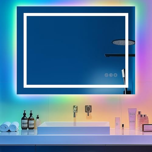 CROWNSHOP Bathroom Mirror with LED Lights 70x50cm – LED Illuminated Mirror with Anti-Fog, 3 Colour Dimmable Lights, Touch Control & Memory Function | IP54 Rated, Horizontal/Vertical Mount