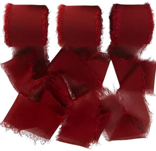 Geschenkband Weinrot, Geschenkband Schleifenband Weinrot Chiffonband, 3 Rollen Band Chiffonband Seidenband Fransenstoffband Chiffon Stoffbänder für Hochzeitseinladung, Brautstrauß, Geschenkverpackung