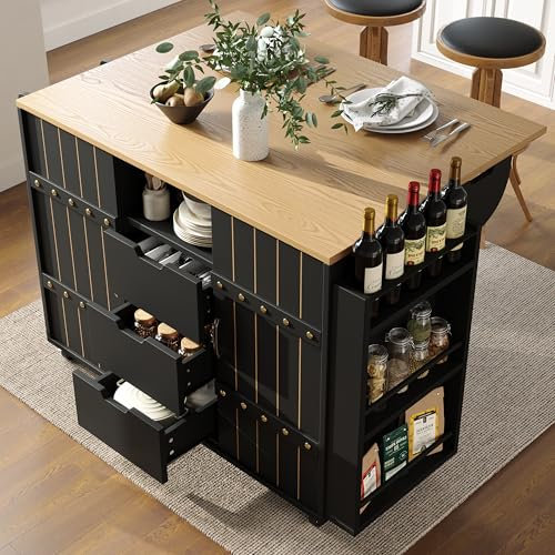 Huayz Isola della cucina, carrello da portata con piano di lavoro estraibile, carrello da cucina su ruote, armadio da cucina con 2 ante scorrevoli e 3 cassetti, armadio a buffet, adatto per ristorante