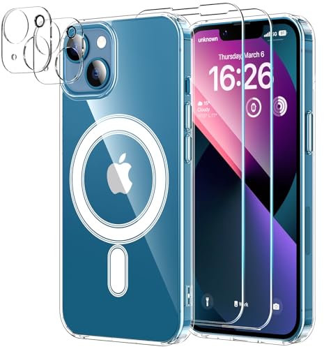 YNMEacc 5 in 1 Magnetic for iPhone 13 Case with 2X Screen Protector + 2 Lens Protector, [Compatible with MagSafe] Slim Soft TPU Silicone Shockproof Anti-Scratch Phone Cover - Clear