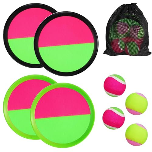 Klettballspiel, Klett Ballwurfspiel Kinder mit 4 Fangscheiben 4 Bällen und Schwarze Netztasche, Strandspiele Wurf für Kinder ab 3 4 5 6 Jahre und Erwachsene im Party Garten Strand Outdoor Spielzeug