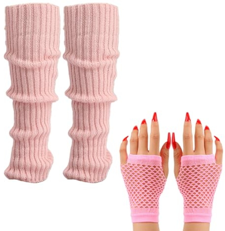 Set de Jambières Néon Gants en Résille des Années 80 Jambières Côtelées Gants Courts en Résille, Guetre Femme, Rose