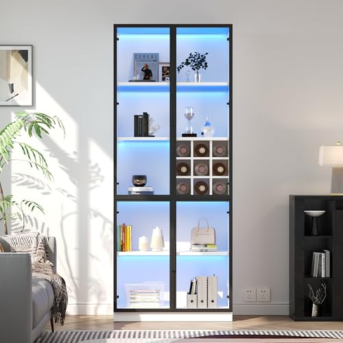 80 x 35 x 200 cm, vetrina in vetro con ante in vetro con LED, armadio alto, libreria, vetrina per vino, elegante credenza con doppie porte, scaffale in vetro e supporto per vino