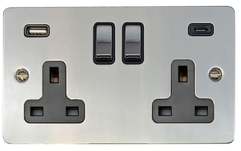 G&H FC3911 Flat Plate Polished Chrome 2 Gang Double 13A Plug Socket 3.1A USB A + C