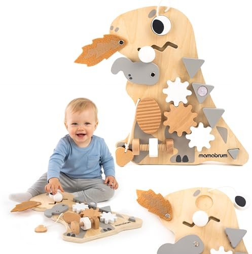mamabrum Montessori Busy Board Holz 10in1 Dino sensorisches Aktivitätsbrett Motorikspielzeug Lernspielzeug für Kinder ab 18 Monaten