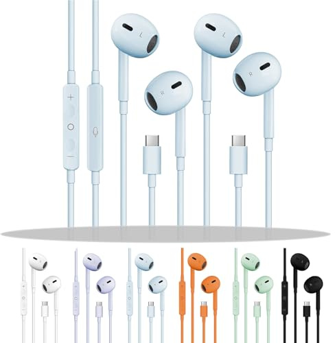 2 Packs USB C Headphones for iPhone 17/16/15, Noise Reduction Built-in Mic & Volume Control Headsets, Type C Earphones for Galaxy S24/S23/S22/S21/S20/Ultra Note 10/20, for Pixel 8/7/6/6a~4, Mist Blue