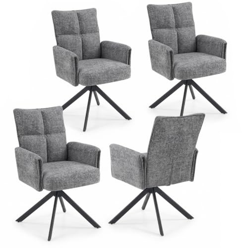 FurniSoar 4er Set Esszimmerstuhl 360° drehbar, Hohe Rückenlehne & Armlehne, Extra Dicke Polsterung, Metallbeine, Arbeits-/Schminkstuhl, Chenille, 160kg, Grau