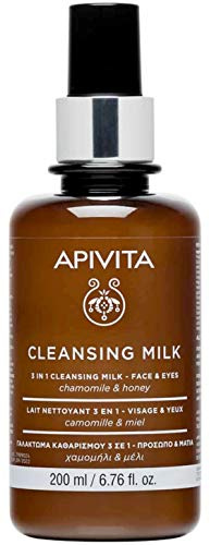 Apivita 3 in 1 milky cleanser for face and eyes, suitable for all skin types, cleanses impuriyies/make up & tones with German Chamomile & Honey