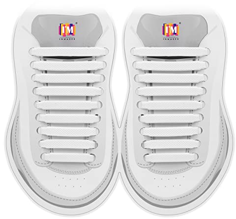 INMAKER Lacci senza cravatta per bambini e adulti, lacci elastici per scarpe da ginnastica, lacci piatti in silicone per scarpe da corsa, bianco, Small