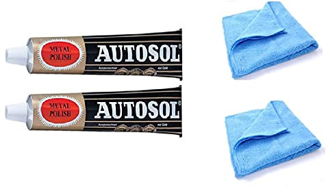 Solvol Autosol Metall-Politur und 2 Mikrofaser-Reinigungstücher, für Chrom und Aluminium, 2 x 75-ml-Tuben