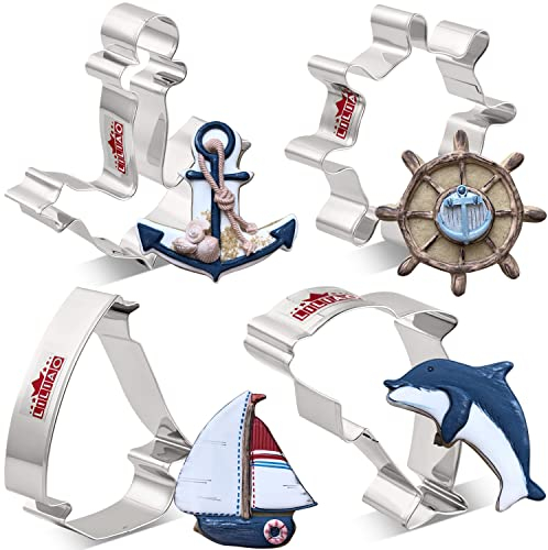 LIAO Ausstechformen-Set mit Anker, Segelboot, Ruder und Delfin, Edelstahl, 4-teilig