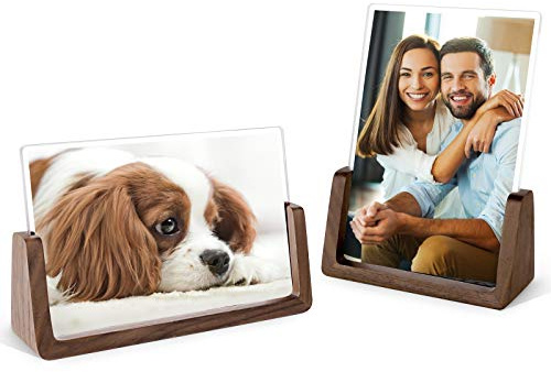 Mixoo 4x6 Picture Frame 2 Pack - Rustic Wooden Picture Frames with Walnut Wood Base and High Definition Break Free Acrylic Photo Covers for Desk Tabletop Display Mothers Day Gifts (Horizontal + Vertical)
