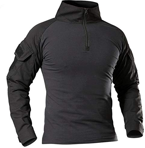 Men's Military Tactical Long Sleeve Shirt Breathable Hunting Combat T Shirts Quick Dry Outdoor Tops 1/4 Front Zip Camouflage Airsoft Shirts Black L