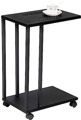 H JINHUI C Shaped Side Table, Sofa End Table with Sturdy Metal Frame for Small Space, TV Trays Mobile Snack Couch Table, Slides Next to Couch, Coffee Table with Lockable Wheels (Black)