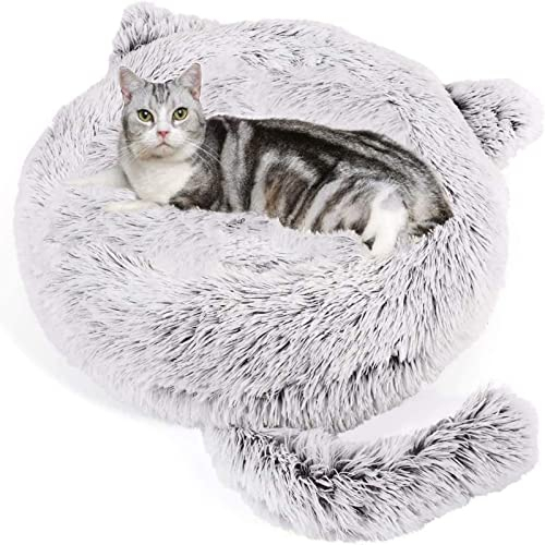 Wuudi Cama para Mascotas, Cueva para Gatos y Perros, Sofá Donut de Felpa, Lavable, Antideslizante, 55 cm (Gris)