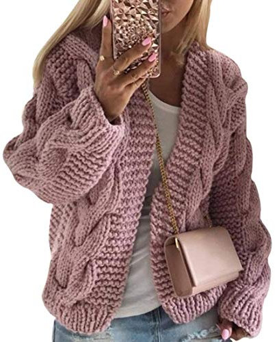 Onsoyours New Womens Everyday Long Sleeve Button Top Ladies Chunky Aran Cable Knit Grandad Cardigan A Pink M