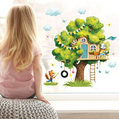 Wandtattoo Loft Fensterbilder Frühling mit Tieren & Baumhaus Motiv – A4 Bogen Wiederverwendbar – Frühlingsdeko Fenster, Frühlingsbild Fenster, Fenster Frühling, Fensterfolie Frühling Selbstklebend