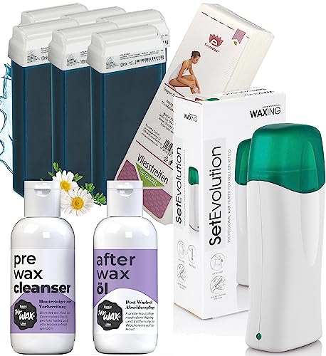 Kosmetex Waxing Set Azulen für Haarentfernung, 6x Wachspatronen Kit Roll On, Wachswärmer Waxing Gerät, Vliesstreifen, Mr. Wax Haut-Reiniger, After Wax Öl je 150ml