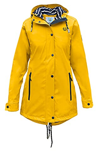 MADSea Damen Regenmantel Friesennerz 62087 | halblanger wasserdichter Regenparka | winddicht mit maritimen, weiß/blauen Innenfutter | Kapuze Außentaschen mit Reißverschluss, currygelb, 46