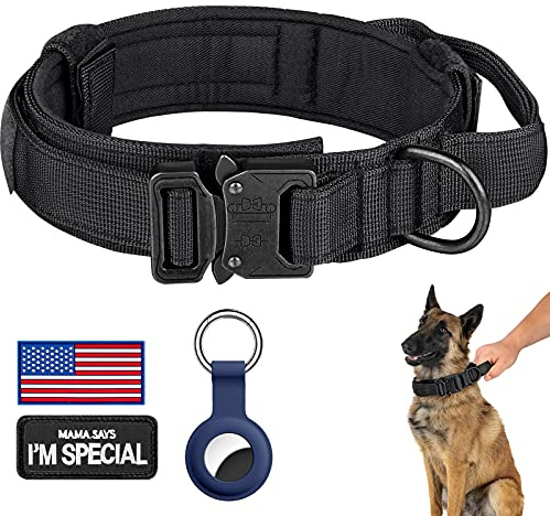 Taktisches Hundehalsband, verstellbar, Militär-Training, Nylon-Hundehalsband mit Kontrollgriff für mittelgroße und große Hunde, mit Patches, Airtags-Hülle und Hundekette (M, schwarz)