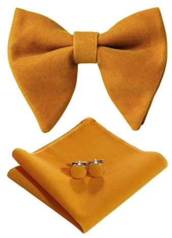 PACGOTH Fliegenset für Herren, vorgebundene Fliege, Vintage, für Smoking, übergroße Samt-Fliege, Manschettenknöpfe, Einstecktuch, Set mit Geschenkbox, gelb, Large