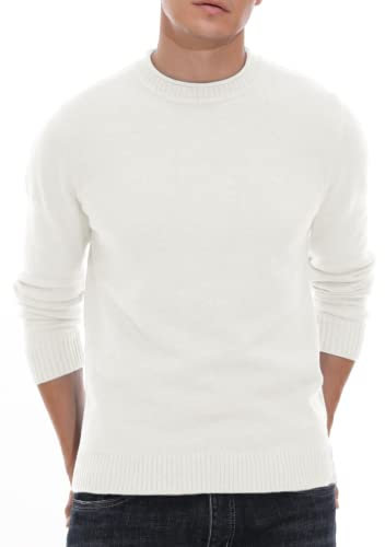 Hisir Men's Jumpers Tops Winter Warm Knitted Crew Neck Jumper Long Sleeve Soft Cozy Mock Neck Knitwear Pullover Sweaters for Men (White, L)
