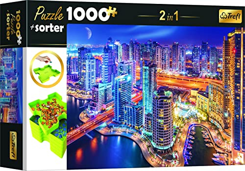 Trefl 10660 Set 2in1 Puzzle + Sorter, Puzzle 1000 Teile Dubai bei Nacht, Puzzle Sorter 6 Schalen, Ordnen, Sortieren, Transportieren und Aufbewahren, Kreative Unterhaltung,