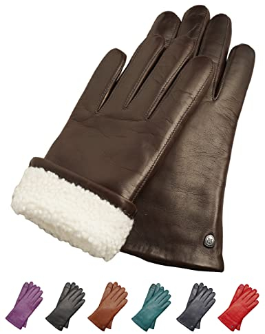 AKAROA ESTD 2019 Lederhandschuhe Damen MIA, Touchscreen Funktion, italienisches Leder, Futter aus original Neuseeland Lammfell, 4 Größen S - XL, schwarzbraun, L - 8