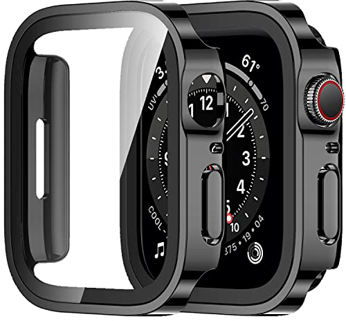 Amizee 2 Stück Hard Hülle Kompatibel mit Apple Watch Schutzhülle 44mm Series 6/5/4/SE mit Tempered Glass Displayschutz, Ultradünn Kratzfeste Schutzhülle für iWatch 44mm (Schwarz)