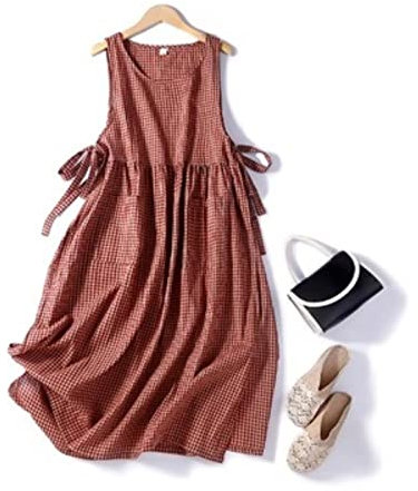 Fujian Friday Lässige losen Frauen Sommer japanische Baumwollwäsche ärmellose Weste Kleid Retro Literary Plaid Weste Kleid