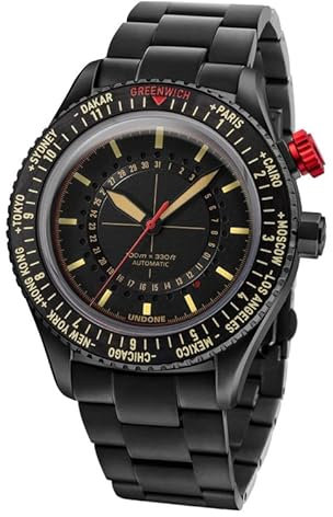 Undone AERO WORLDTIMER LINDBERGH Automatisch Stahl Schwarz Datum Vintage Pilot Uhr Herren, Schwarz , Armband