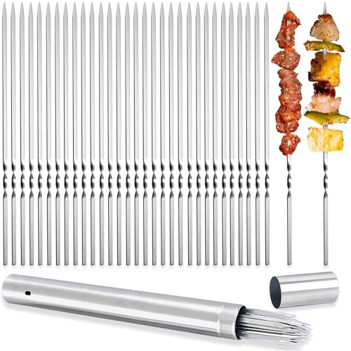 Kabob Skewers, AIMEIKI 50PCS Flat Metal BBQ Barbecue Skewer 14.8 Inch Long Stainless Steel Shish Kebob Sticks Wide Reusable Grilling Skewers Set for Meat Shrimp Chicken Vegetable Outdoor Cooking