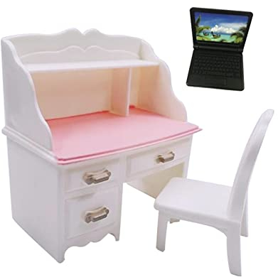 Oshhni 1/6 Puppenhaus Schreibtischstuhl Set Miniatur Puppenhaus Dekoration Zubehör Simulation Notebook Pretend Play Spielzeug für Arbeitszimmer Dekoration, mit schwarzem Laptop