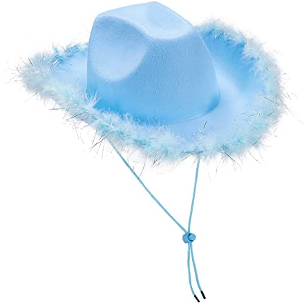 DELIMALI Cowgirl-Hut, Cowboyhüte für Frauen, flauschige Federkrempe, Cowboyhut für Junggesellinnenabschied, Cosplay, Kostüm, Verkleidung, Party (blau-silberne Feder, 32 x 42 x 18 cm), Einheitsgröße