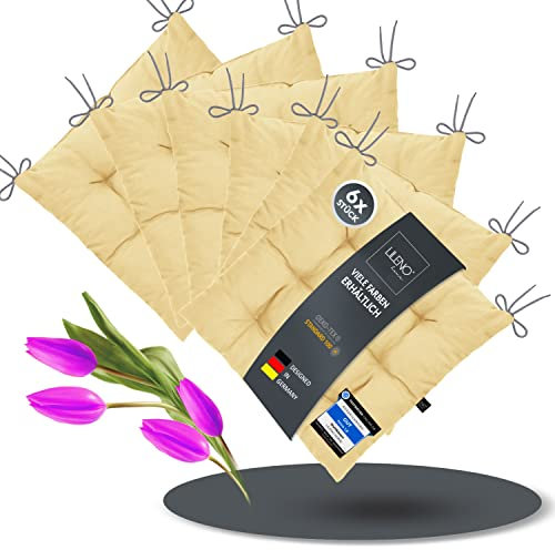 LILENO HOME 6er Set Stuhlkissen 01 Vanille (40x40x6 cm) - Sitzkissen für Garten, Küche oder Esszimmer - UV-beständige Indoor u. Outdoor Stuhlauflage als Stuhl-Kissen (Linda FUM)