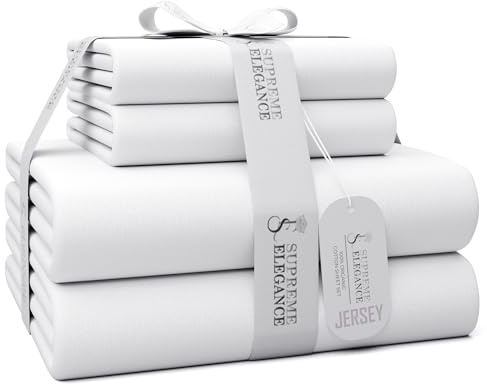 SUPREME ELEGANCE White Jersey Knit 4-Piece Queen Sheet Set, T-Shirt Bed Sheets with Soft Cotton Blend Heather Fabric, Wrinkle-Resistant, Deep Pocket Fitted Sheet, All-Season Queen Bedding Set