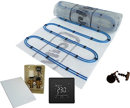 Dünnbett Warmwasser Fußbodenheizung HoWaTech Duo Komplett Set 2,5-20m² Doppelrohr Heizmatte 80 W/m² und E-Regelbox WLAN Touch schwarz, Heizfläche:2.50m²