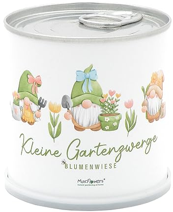 MacFlowers® | Anzuchtset mit Wildblumen | Kleine Gartenzwerge | Geschenkset mit 18 Blumen in süßer instant Blumendose | aus Liebe für Insektenvielfalt