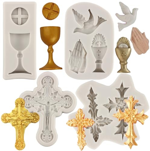 MYPRACS 4 Stück Kreuz Silikonformen Kelch Friedenstaube Fondant Formen Taufe Kuchenform für Cupcake Topper Kuchendekoration Schokolade Süßigkeiten Gummipaste Polymerton