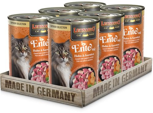 LEONARDO Katzen Nassfutter Superior Selection, Ente mit Huhn & Karotten, 6x400g Dose, für ausgewachsene Katzen, getreidefrei, ohne Zucker, Made in Germany