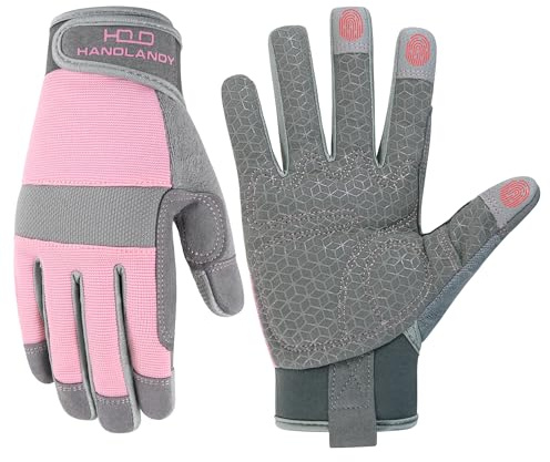 HANDLANDY Safety Work Gloves, Utility Mehanic Gloves, Grey Pink, S | Durable Working Gloves for Women, Touchscreen, for Construction, Warehouse, Carpentry, Driving, Gardening, Landscaping