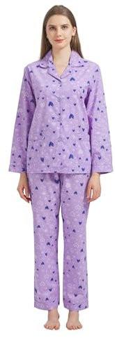 GLOBAL Set Pigiama da Donna 100% Cotone Manica Lunga Abbottonatura Pigiameria Femminile con Coulisse Set da Notte Morbido e Traspirante Pigiama da Donna,Viola, Cuore,L