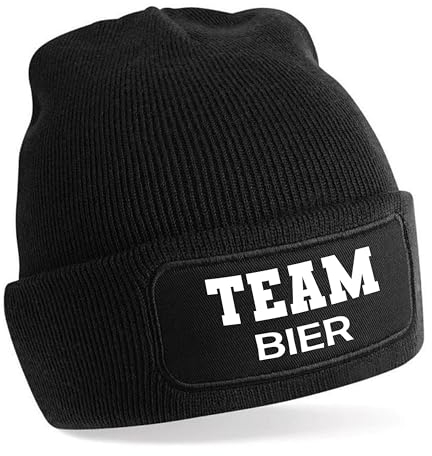 Herzbotschaft Beanie Strickmütze mit Spruch | Team Bier | schwarz | Unisex SoftTouch angenehm weiche und warme Wintermütze | OneSize Einheitsgröße für Erwachsene