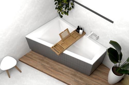 ECOLAM® Badewanne RITA 160x100 cm LINKS Trapezwanne Eckwanne Trapezform + Bambusablage + Ab- und Überlauf Alcaplast Füße Silikon SET