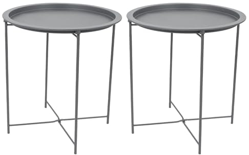 Harbour Housewares Round Tray Tables with Removable Trays - Pack of 2 - Matte Grey Steel Bed Side Table Raised Lip Serving Board Compact Collapsible Folding Table for Bedroom, Home and Office