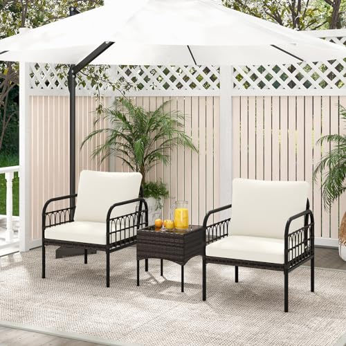 GIANTEX Gartenmöbel Set Rattan, Balkonmöbel Kleiner Balkon, Lounge Möbel Outdoor, Balkon Möbel für 2 Personen, Gartenlounge Set 2 Sessel & Tisch, 3 TLG. Gartensitzgruppe inkl. Sitz- und Rückenkissen