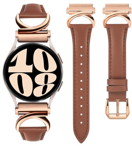 TOYOUTHS Lederarmband kompatibel mit Samsung Galaxy Watch 7/6/5/4/Active 2 - 20mm Schlank Elegant Dressy Armbänder mit C-förmiger Schnalle für Damen, Rose Gold/Braun