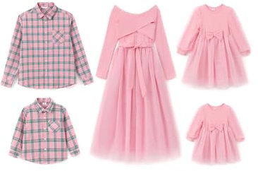 PATPAT Familien Outfit Set Langarm - Partnerlook Mutter Tochter Kleid,Mama Kind Kleider Prinzessin Festlich,Eltern Kind Outfit,Family Matching Passende Outfits,Herbst & Frühling-Mädchen:3-4 Jahre
