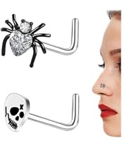 ZS 2 Stück Halloween Nasenpiercing Schmuck Fledermaus Totenkopf, L-förmiger Nasenstecker chirurgischem Stahl, 20G Spinnen Nasenringe Nasenstecker für Frauen Männer